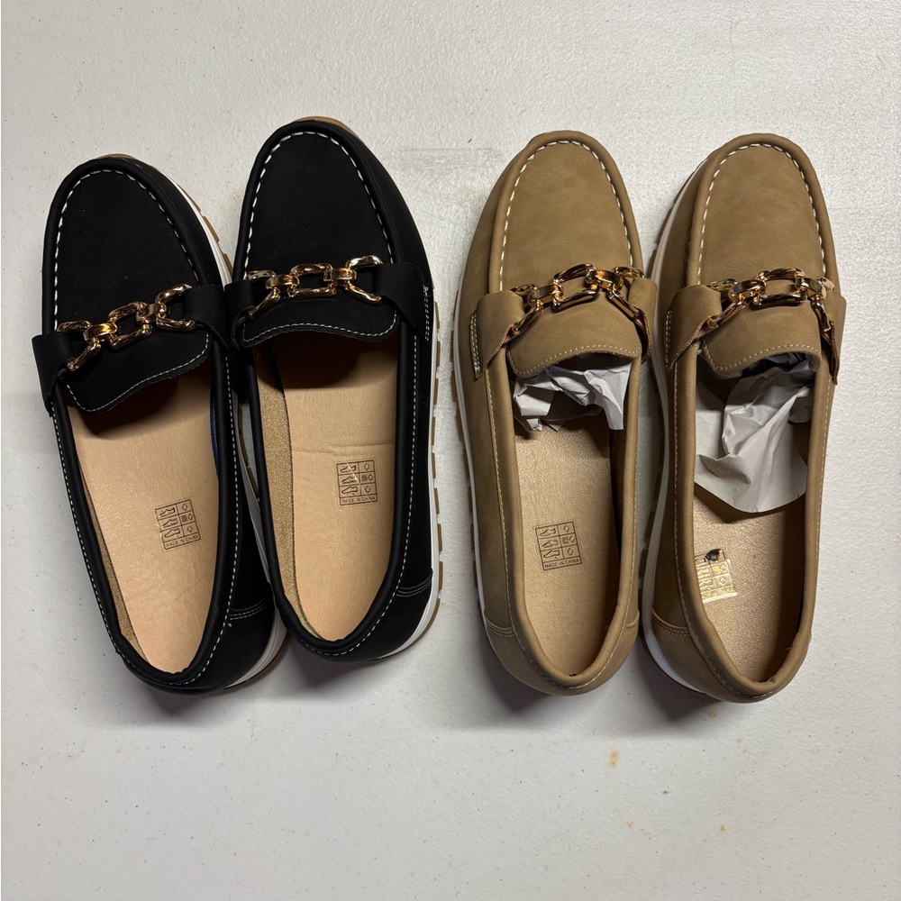 Chic Black and Tan Loafers with Gold Chain
